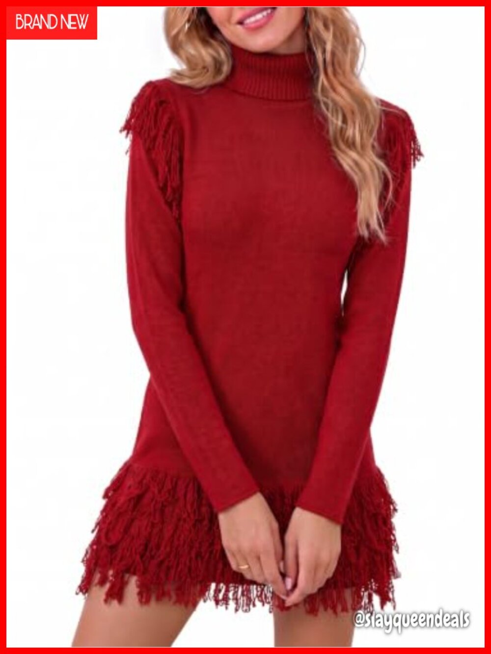 Fringe Sweater Dress Turtleneck Ribbed Knit Bodycon Mini Pullover